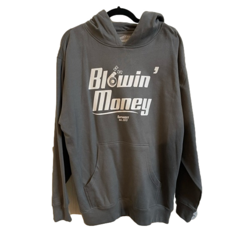 Enthuzyst Men’s Blowing Money Gray Hoodie Size L Turbo Car Lover Parts